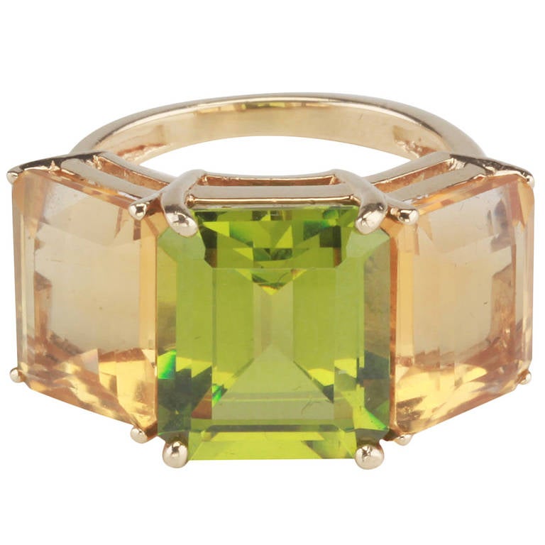 Yellow Gold Emerald Cut Ring with Peridot and Citrine For Sale
