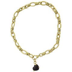 Vintage Pomellato Garnet Cabochon Charm Gold Link Necklace