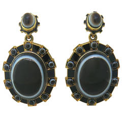 1870s Antique Victorian Banded Agate Enamel Gold Earrings
