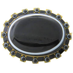 1870s Victorian Banded Agate Enamel Gold Brooch Pin 12