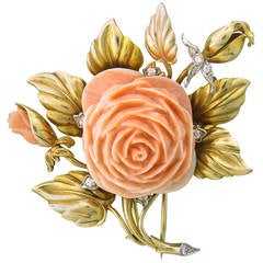 1950s Neiman Marcus Carved Coral Diamond Gold Brooch