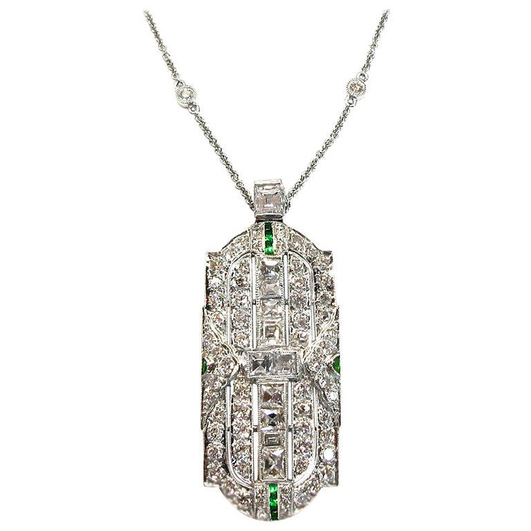 Emerald Diamond Platinum Geometric Panel Pendant