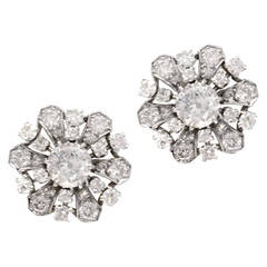 European Cut 3.9 Carat Diamond Platinum Cluster Earrings 6