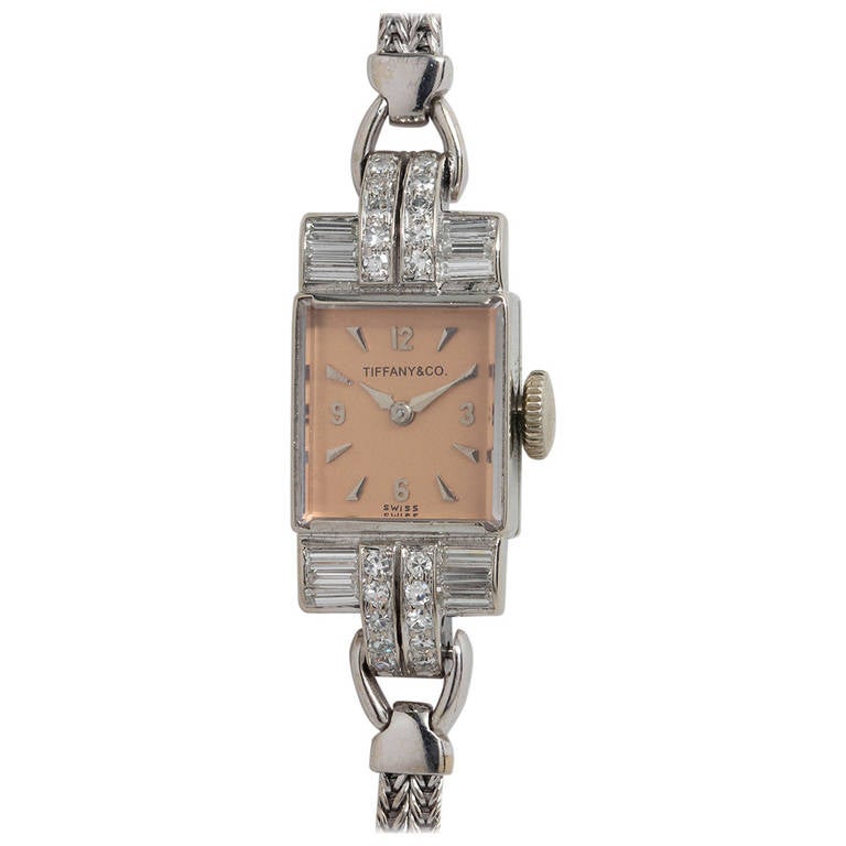 Tiffany & Co. Lady's White Gold and Diamond Bracelet Watch circa 1950s