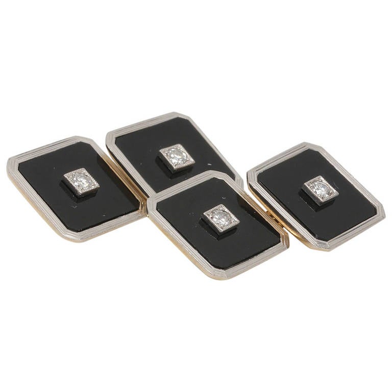 1930s Black Onyx Diamond Gold Platinum Cufflinks