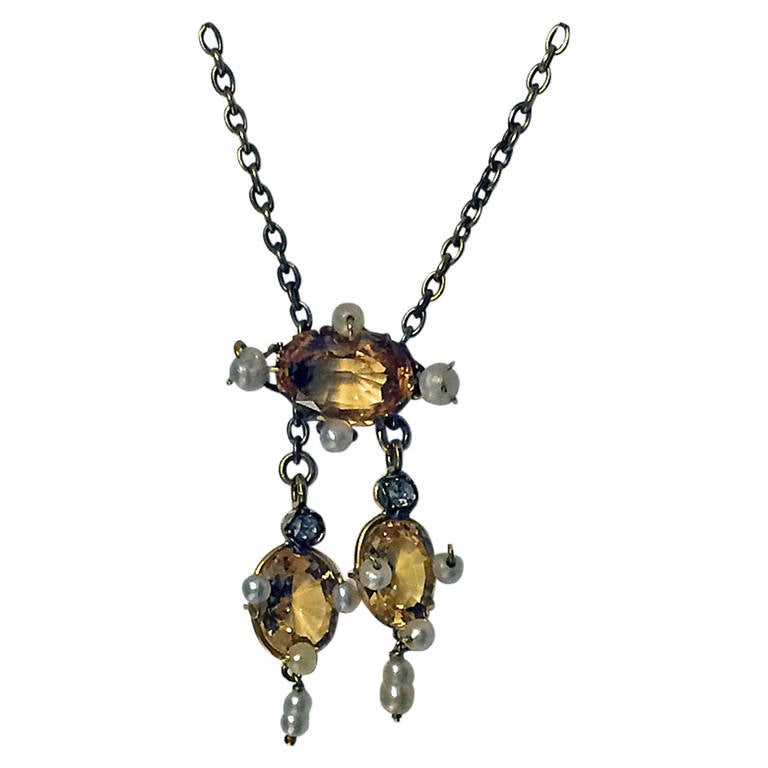 Fine Imperial Topaz Pearl Diamond Gold Necklace at 1stdibs