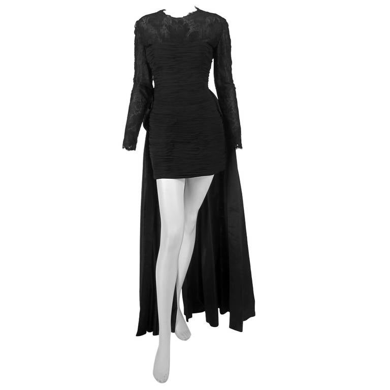 1980s Renato Balestra black silk cocktail dress with tails