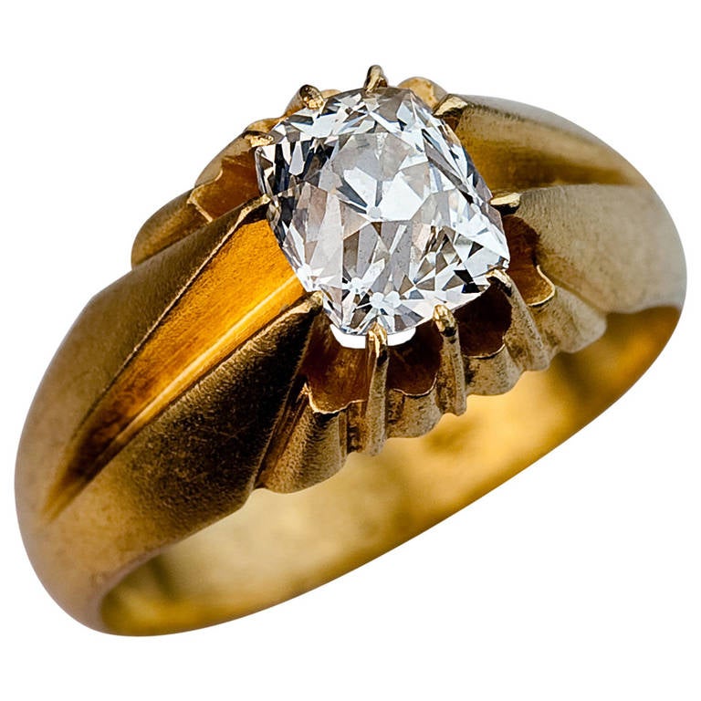Antique Russian D Color Cushion Cut Diamond Gold Solitaire Ring