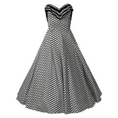 Vintage 1950's Metallic Polka-Dot Black White Print Cotton Strapless Sun Dress & Shawl