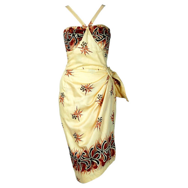 1950's Hawaiian Starfish Novelty-Print Yellow Cotton Halter Sarong Wiggle Dress