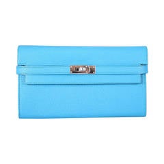 NEW HERMES KELLY LONGUE WALLET TURQUOISE Clutch CHEVRE LEATHER