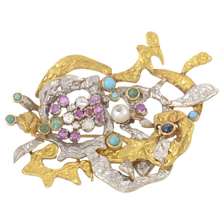 Gemstone Diamond White and Yellow Gold Brooch