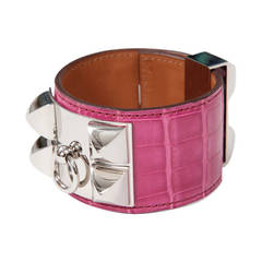 Hermes Pink Sheherazade Alligator CDC Collier De Chien Cuff Bracelet