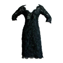 Christian Dior Couture 1950s Vintage Silk Chiffon French Lace Black Bell Dress