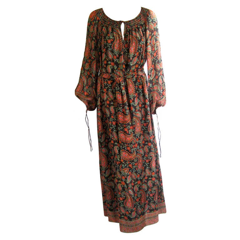 1960s Treacy Lowe Hand Block Indian Silk Peasant Dress For Sale