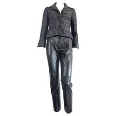 CHANEL PARIS Lambskin leather & tweed 2pc. pant suit