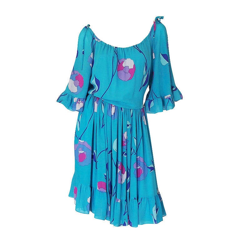 1970s Pretty Turqoise Pucci Silk Chiffon Dress For Sale