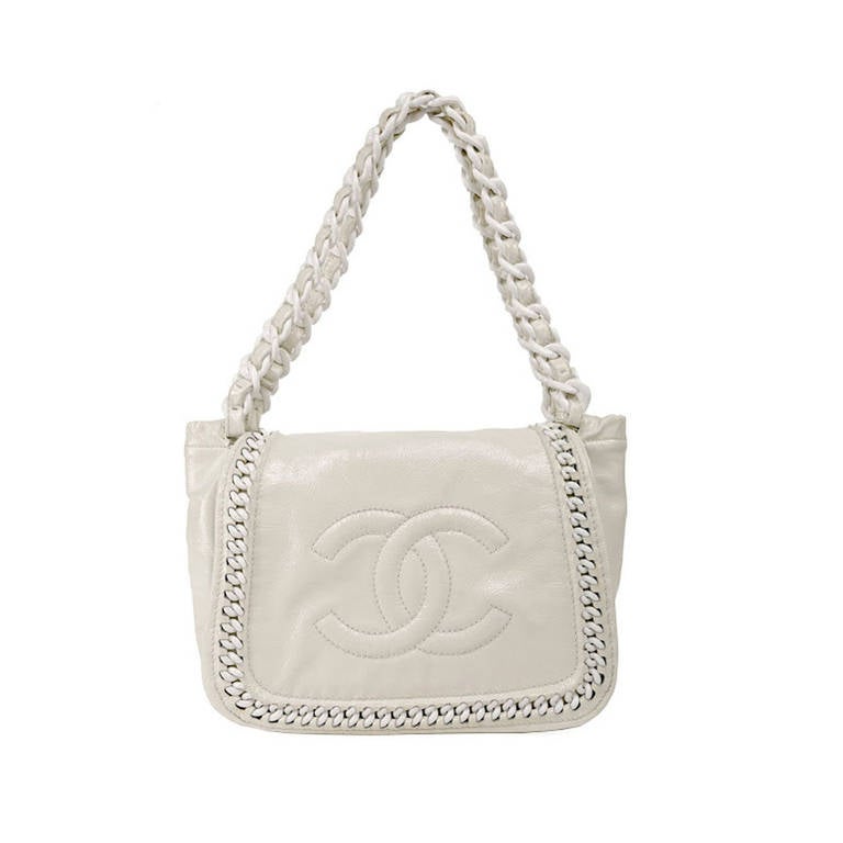 Chanel Pearl White Patent Leather Resin Chain Flap Bag For Sale