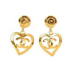 Chanel 1995 Gold Plated Large Dangle Heart CC Clip On Earrings