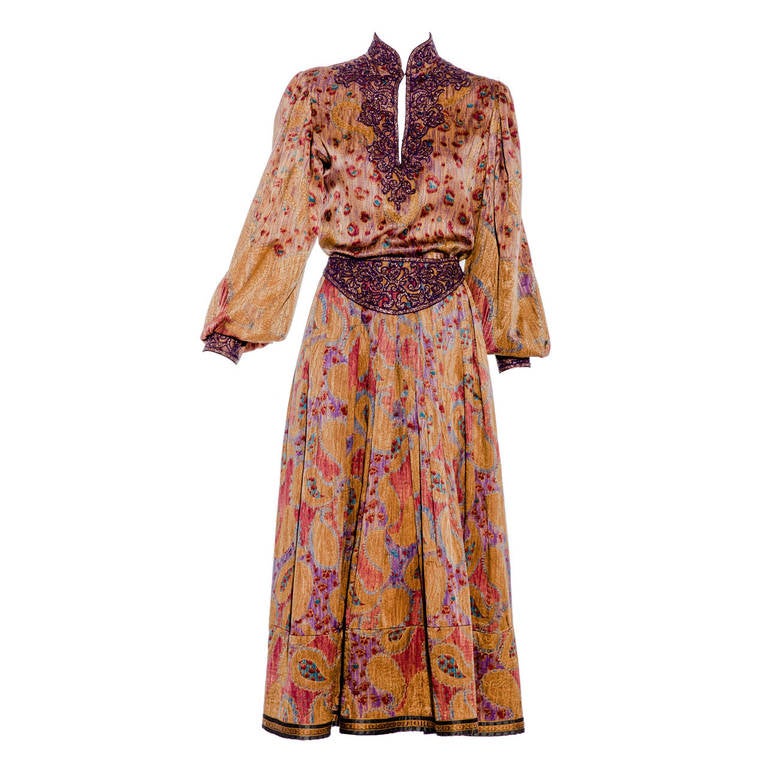 80s Oscar De La Renta silk embroidered blouse and skirt set at 1stdibs