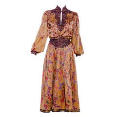 80s Oscar De La Renta silk embroidered blouse and skirt set
