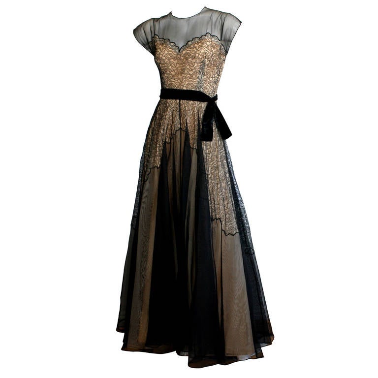 Stunning 1950s Lace Illusion Black & Nude Vintage Evening Gown