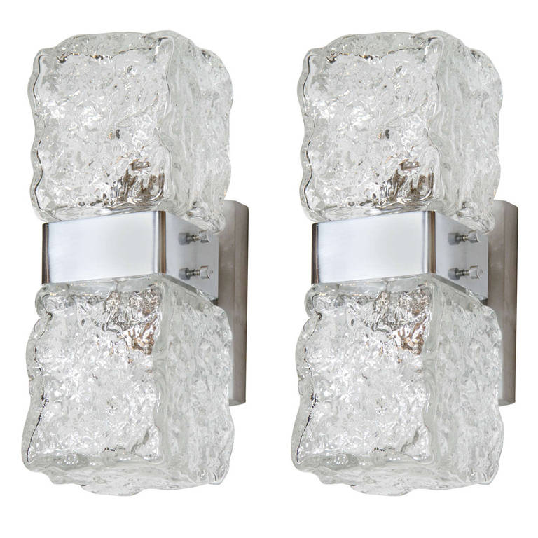 Pair of Mid-Century Modern, Ice Glass Sconces by Kalmar