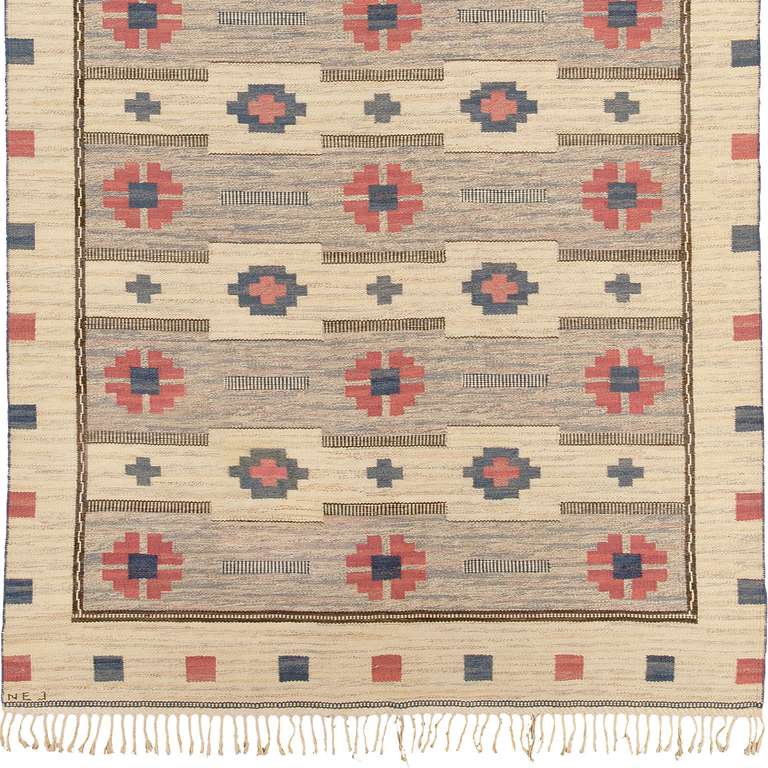 Flat-weave carpet, Sweden, mid-20th century.
Initialed: NEJ.