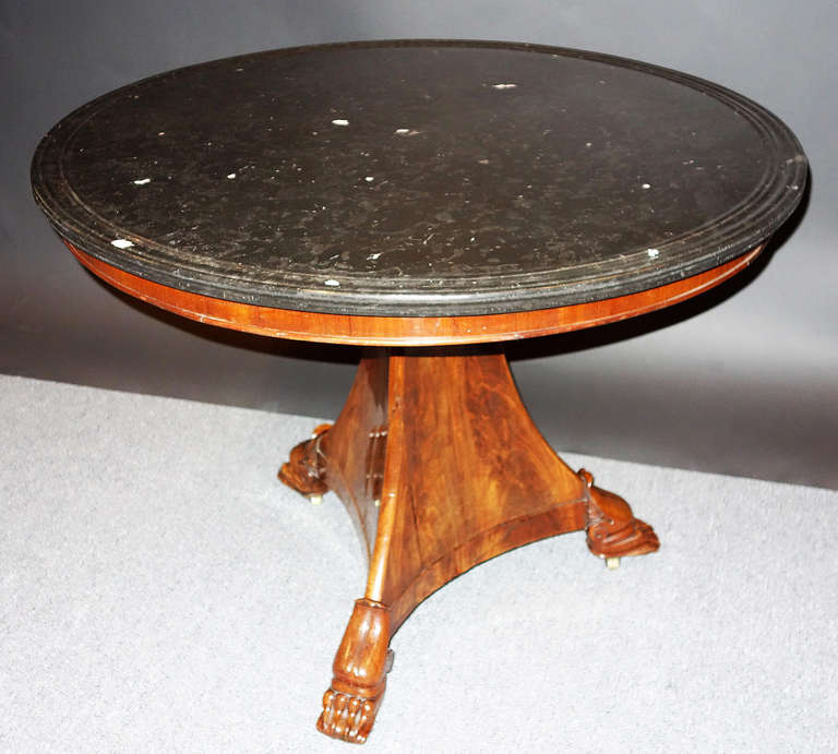 18th century Gueridon table with Cuban flamed mahogany veneered pedestal base.  Pleas notice that that the base of the table is the more desirable tripod version which is both very elegant and sophisticated, all three bottom corners are perfectly