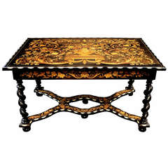 French Louis XIV Center Table with Inlaid Top and Carved Bone Banding