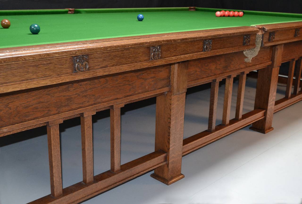 This exceptionally rare antique billiard table was designed by Frank Brangwyn circa 1915, it very similar to the one he designed for a billiard room in 1902 which is illustrated in Herbert Furst's book, the Decorative Art of Brangwyn, London