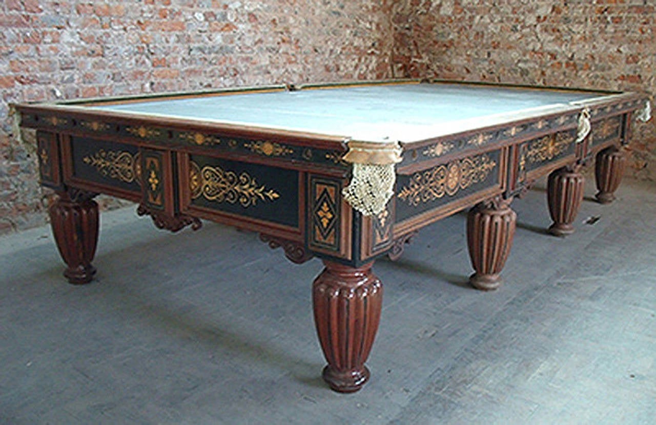 Billiard Snooker Games Table carved and Inlaid Walnut, Cox and Yeman of London For Sale at 1stDibs