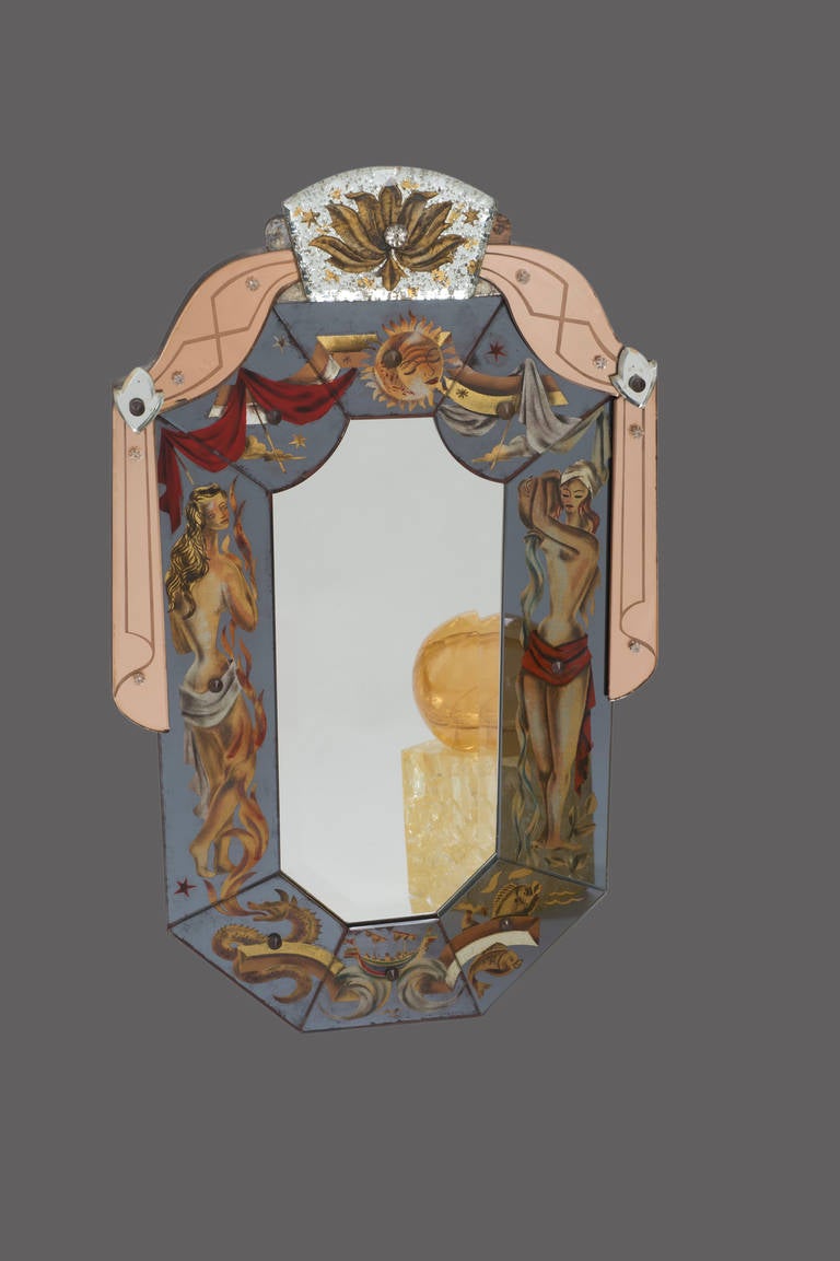 Neoclassical mirror with églomiséd mirror frame decorated with allegorical figures representing water and fire.
