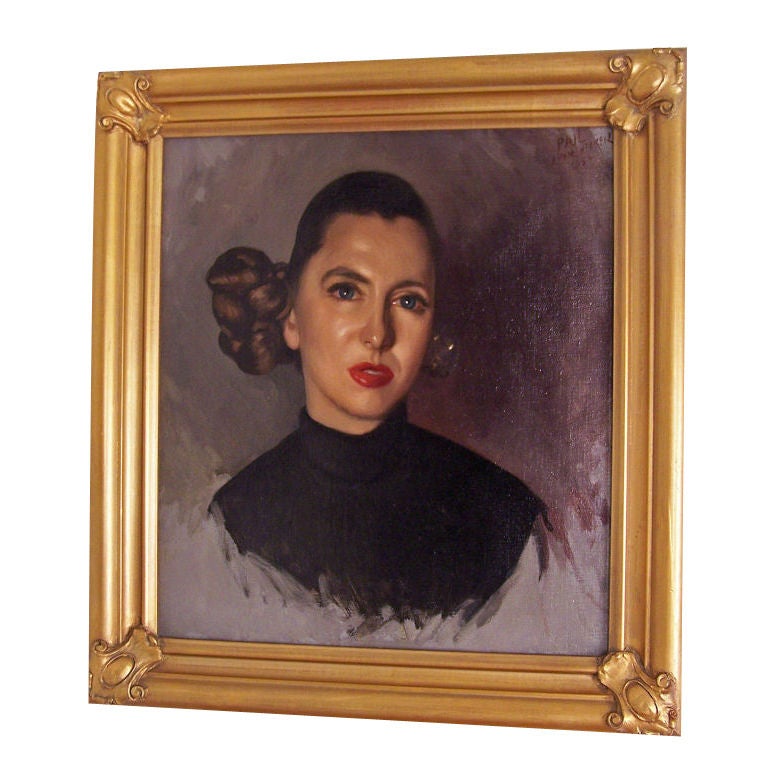 Peinture de portrait d'une jeune femme signée Paul Longenecker, américaine, 1954