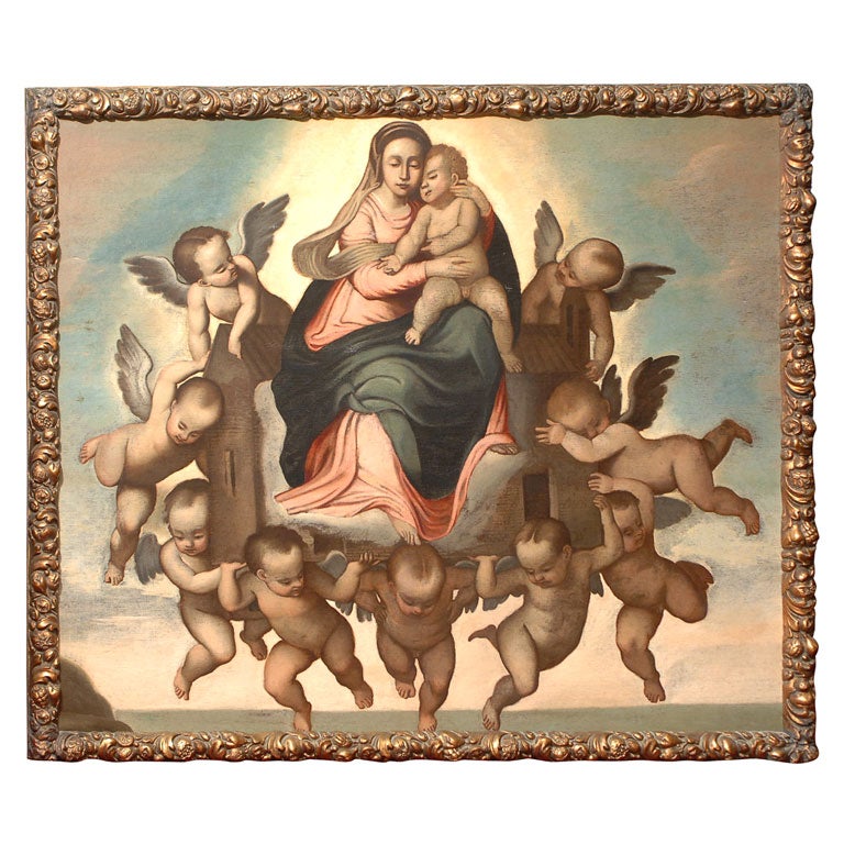 Large Painting of the Virgin Mary and Baby Jesus, Latin American, 18th Century