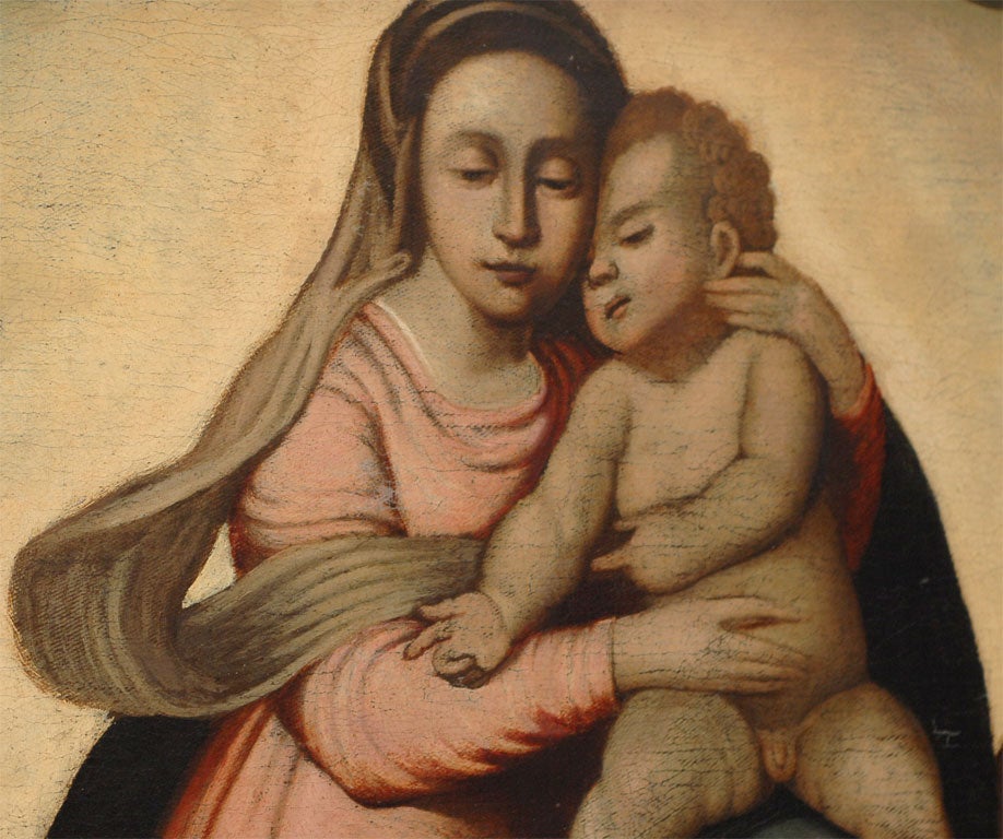 Hand-Painted Large Painting of the Virgin Mary and Baby Jesus, Latin American, 18th Century