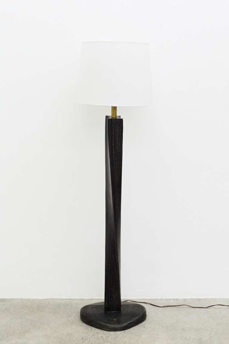 Limed oak floor lamp from Atelier Heifetz, circa 1950. With a raw silk lampshade.