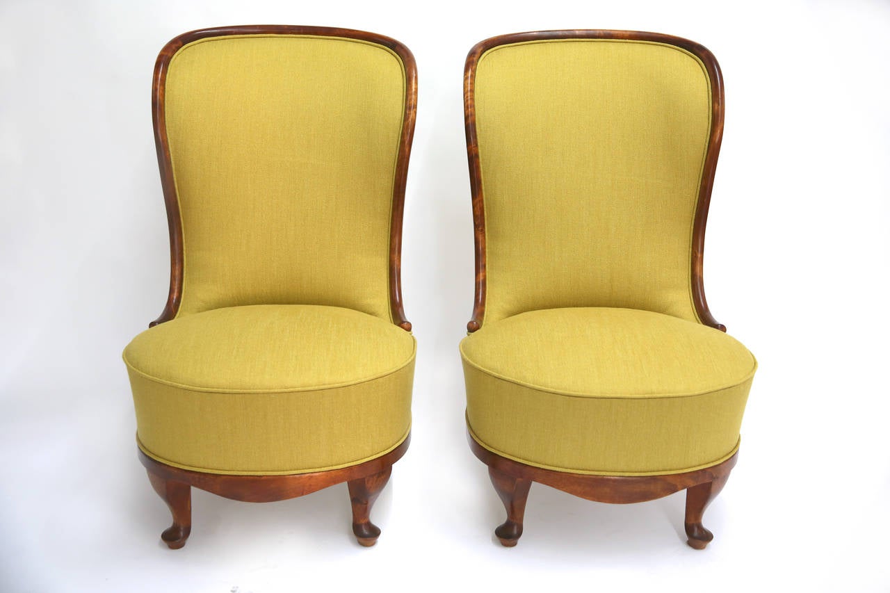 Scandinavian Modern Pair of Slipper Chairs by Tor Wolfenstein, Early 1940s For Sale