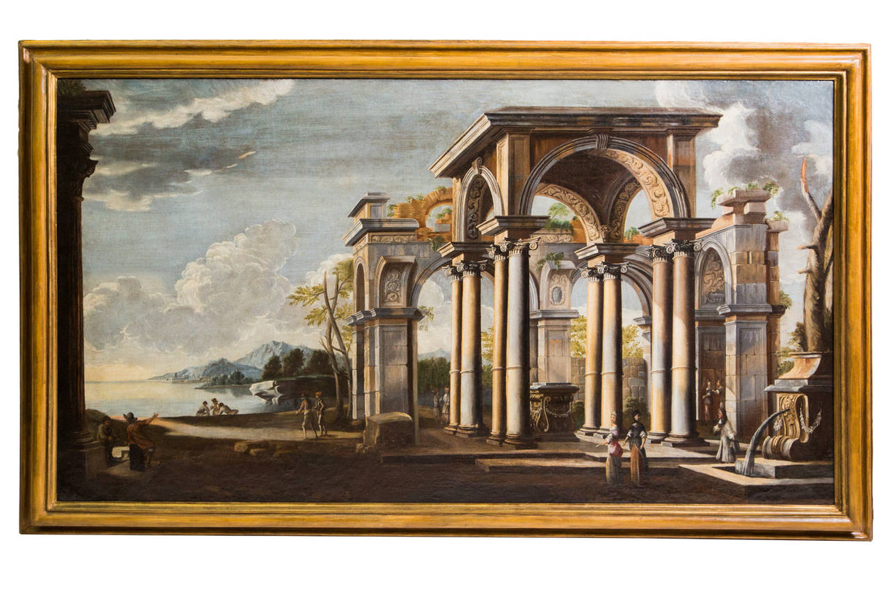 Beautiful pair of ruins painting from Naples, attributed to Leonardo Coccorante, significant Neapolitan painter.
