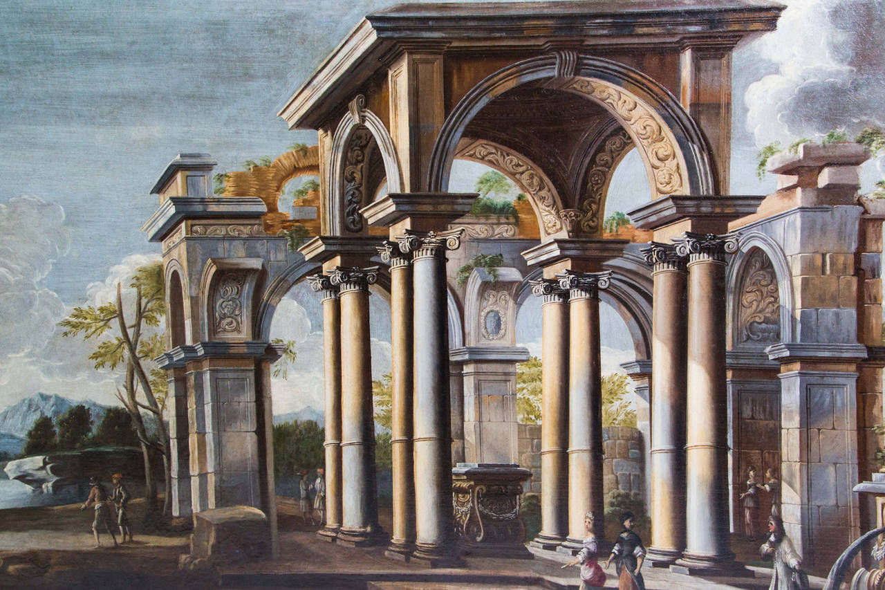Louis XIV Pair of Architectural Ruins Paintings by Leonardo Coccorante, Naples, 1680-1750 For Sale