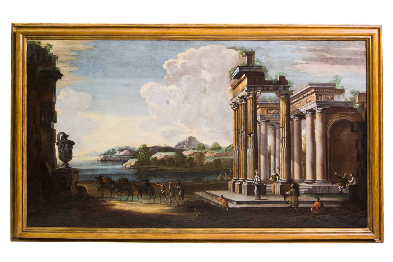 Canvas Pair of Architectural Ruins Paintings by Leonardo Coccorante, Naples, 1680-1750 For Sale