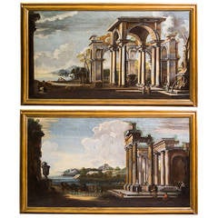 Pair of Architectural Ruins Paintings by Leonardo Coccorante, Naples, 1680-1750