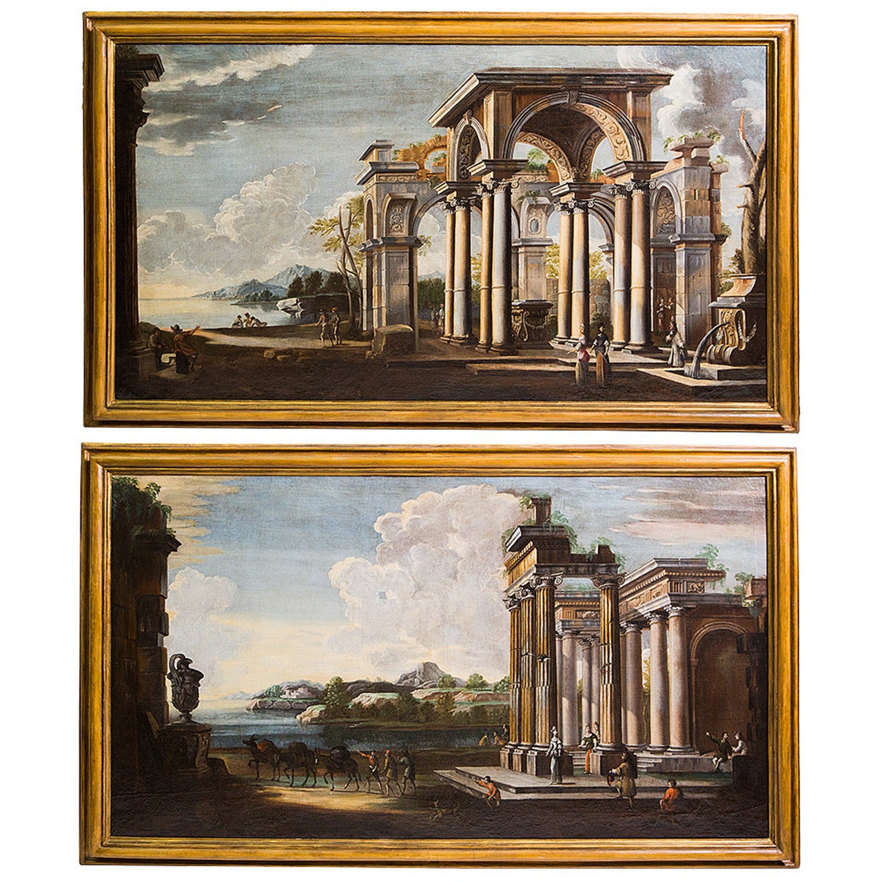 Pair of Architectural Ruins Paintings by Leonardo Coccorante, Naples, 1680-1750 For Sale