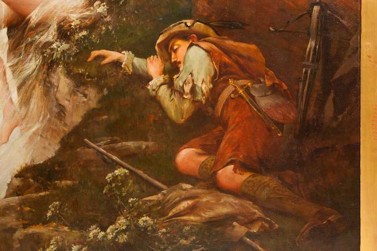 Oil on canvas representing shepherd resting in the mountains protected from an angel. 
English painting of the end of the 19th century.