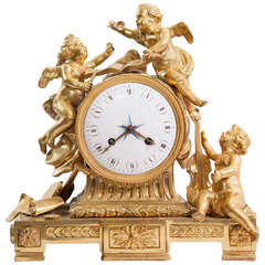 French Louis XVI Table Clock in Bronze with Gold