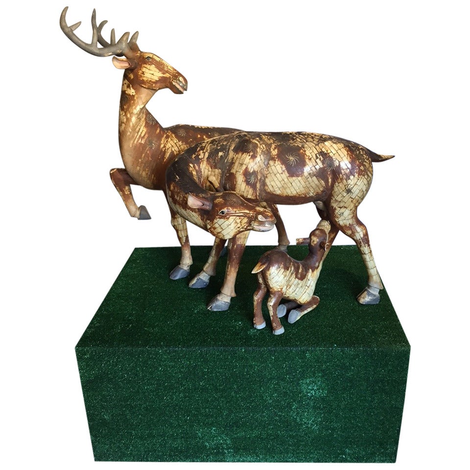 20th Century Chinese Beautiful Inlaid Bone Fawns For Sale