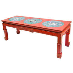 1920 Chinese Lounge Table with Three Inlaid Cloisonnè Plates