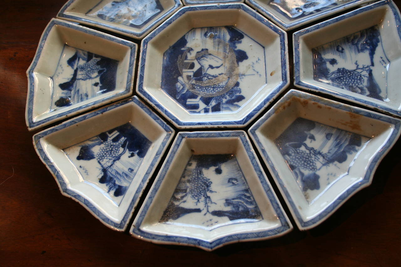Chinese Canton blue and white nine-piece set of sweet meat dishes