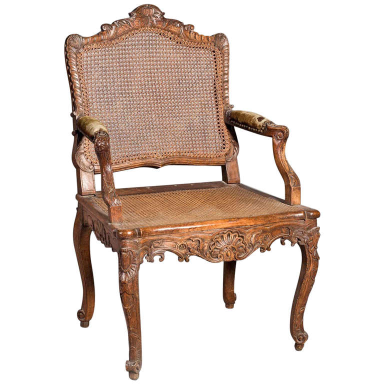 Exceptional Regence Caned Oak-Wood Fauteuil For Sale