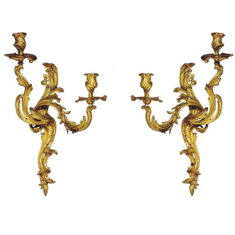Pair of Louis XV Ormolu, Twin Branch Wall Lights For Sale
